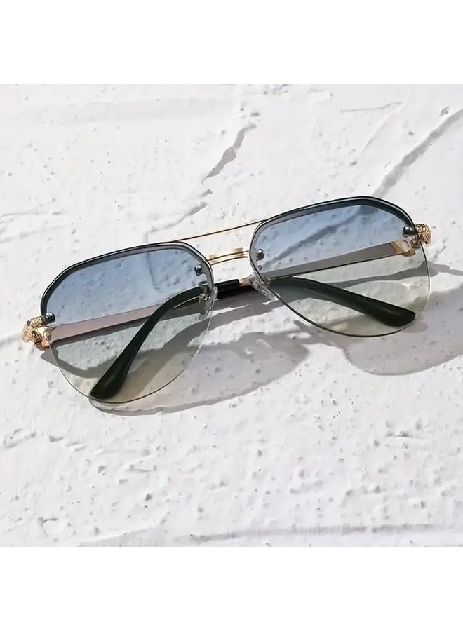 Golden Blue Yellow Double Beam Half Frame Pilot Sunglasses Vintage Style - Image 5